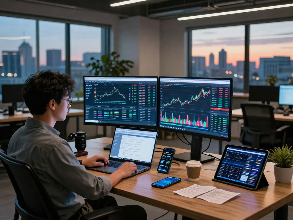Dynamic workspace featuring a developer analyzing global commodity index API data through real-time graphs and financial metrics, showcasing a modern tech environment.