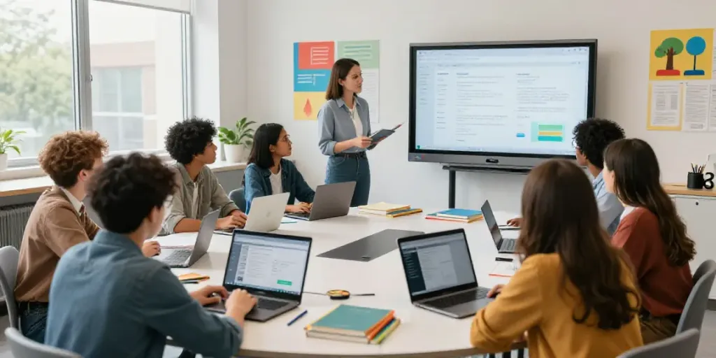 Students using AI tools for educational articles in a collaborative classroom.
