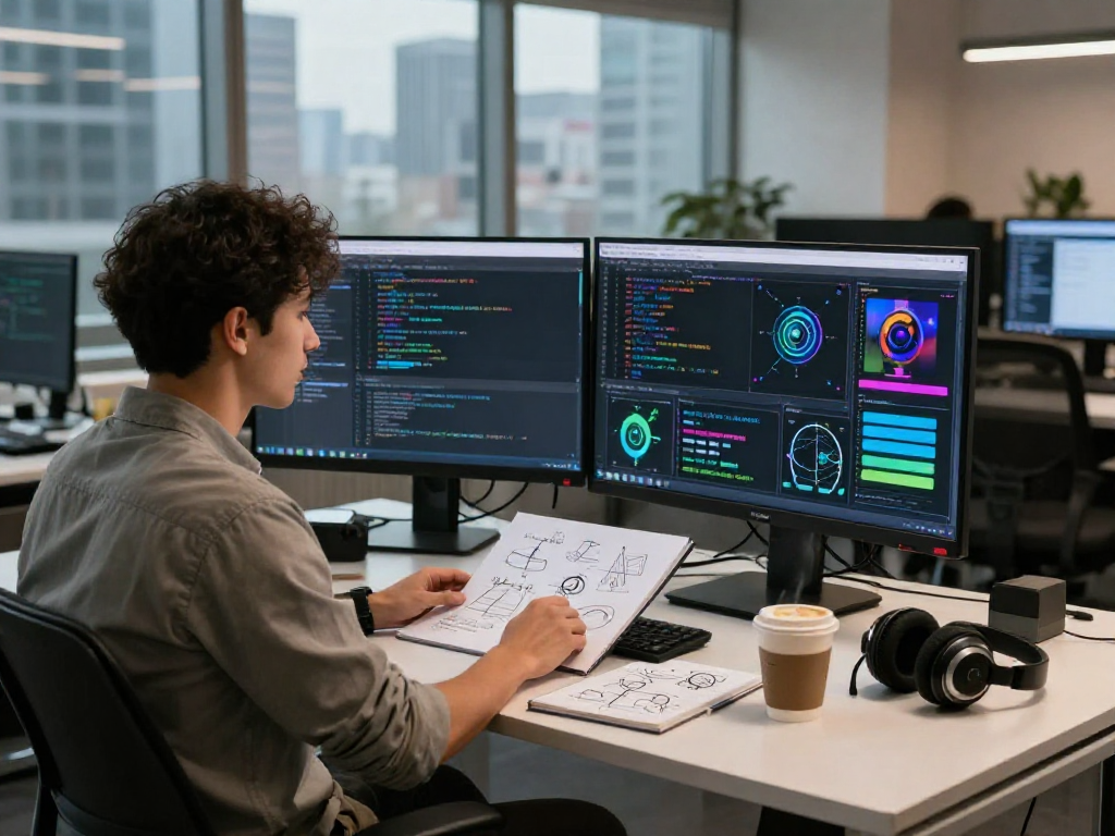 Detect AI image through advanced tech workspace, showcasing a data analyst working with multiple screens and vibrant visuals.