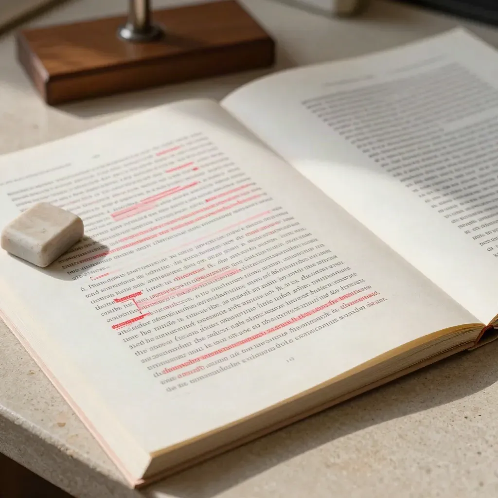 Marked proofs beside a clean revised stack on stone, viewed overhead with red edits and an eraser