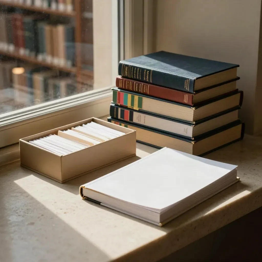 Books, bibliography box and bound report on a stone ledge in warm library light