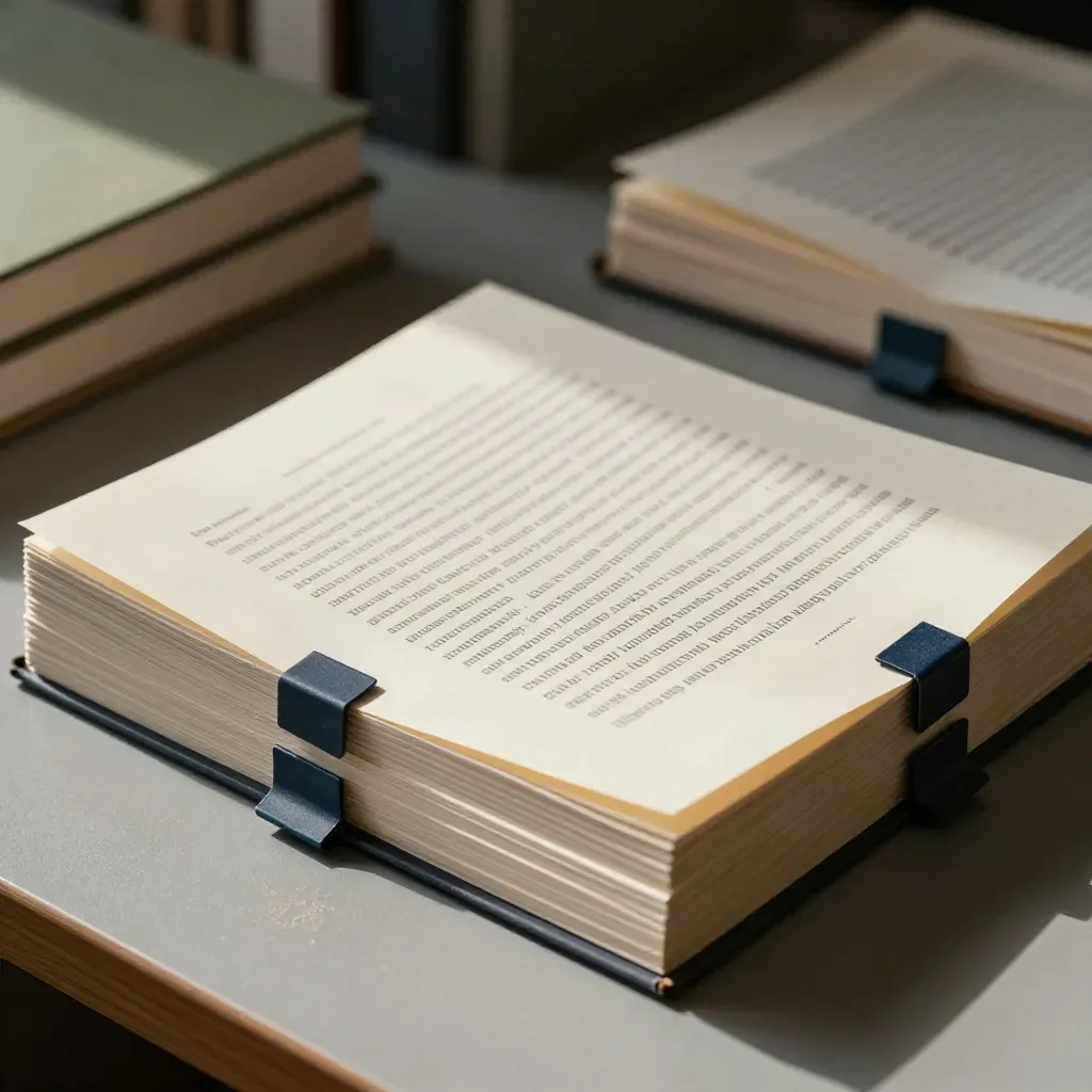 Revised manuscript pages with blue tabs on a slate workbench, book stack blurred behind.