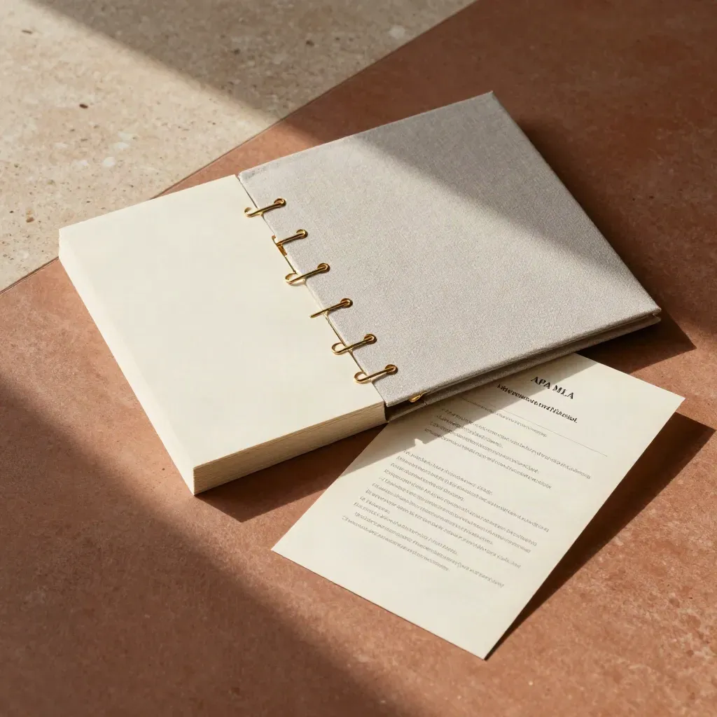 Top-down aligned citation papers, source cards, and a gold-clipped folder on warm stone.