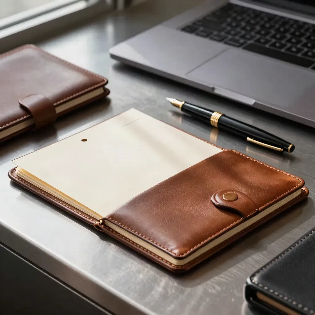 Macro of a leather folio, memo packet, pen, and closed laptop on a pewter credenza.