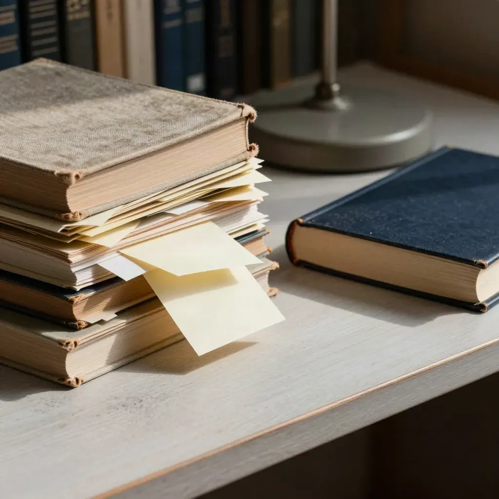 Stacked research books, sticky tabs and a lamp base on pale wood under dramatic side light.