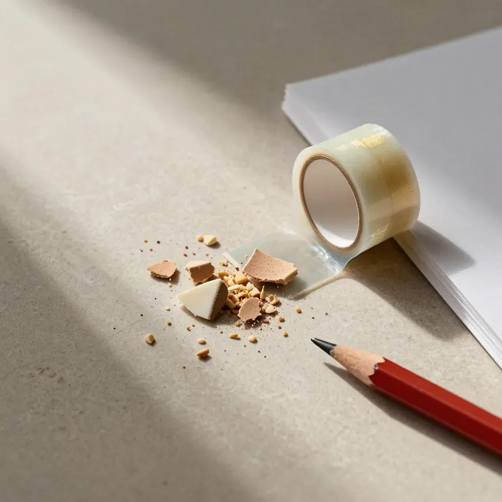 Eraser crumbs, correction tape, a red pencil cap, and a page edge on pale stone