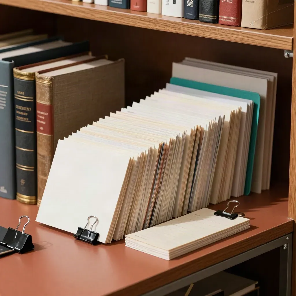Citation cards, reference books, and teal tabs on a terracotta library shelf.
