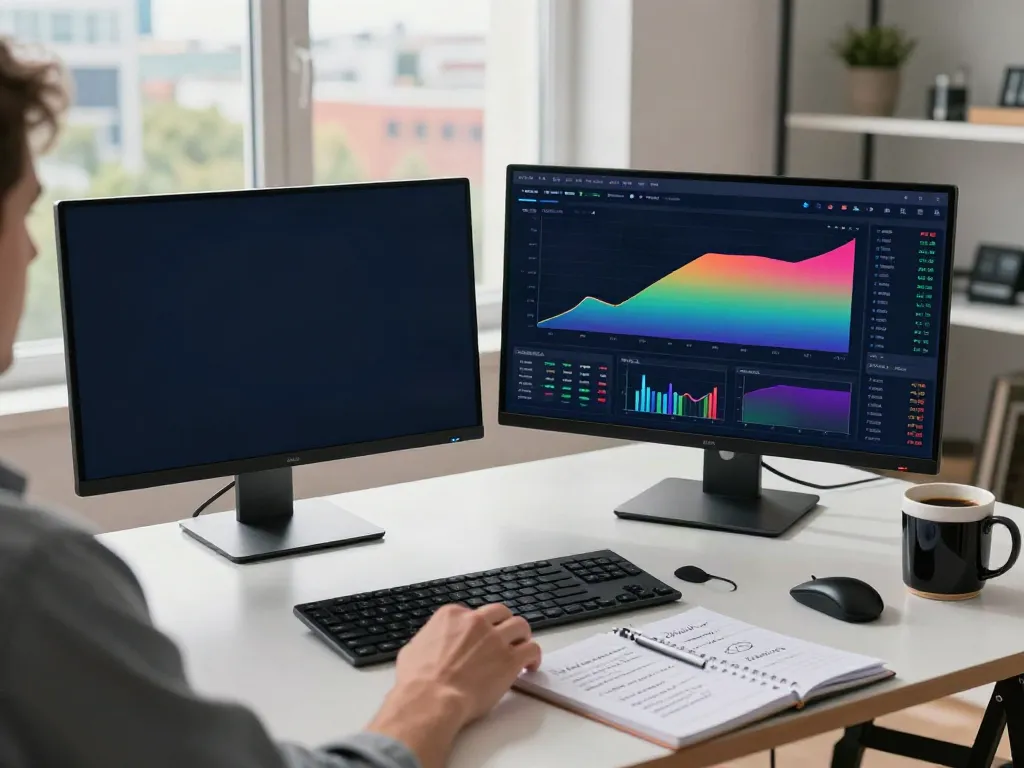 Trader using tradingview官网 to analyze market charts in a contemporary home office.