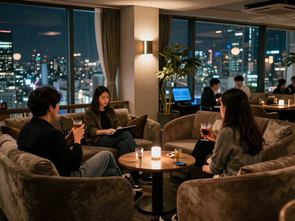 강남쩜오의 아늑한 사교 공간에서 친구들과 음료를 즐기는 모습